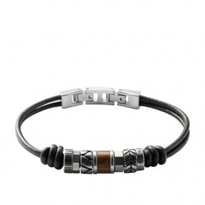 Image of Fossil Mens Black Leather & Steel Rondell Bracelet