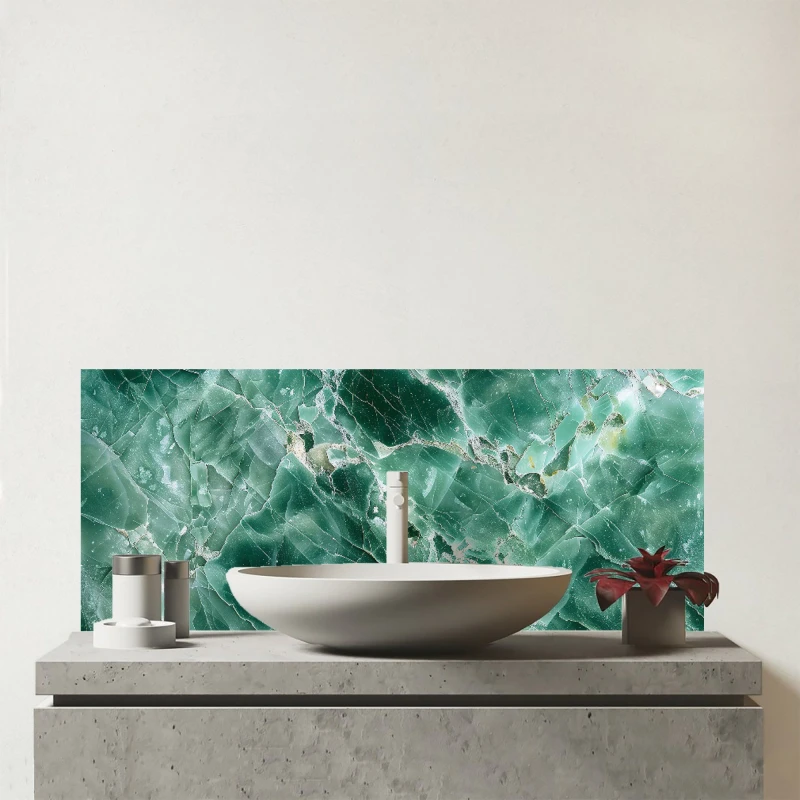 Image of Warren Reed - Designer Light Green Quartz Effect Glass Bathroom Splashback in Pink Pink Unisex