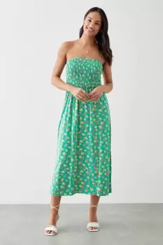 Image of Green Ditsy Shirred Bodice Bandeau Midi Dress