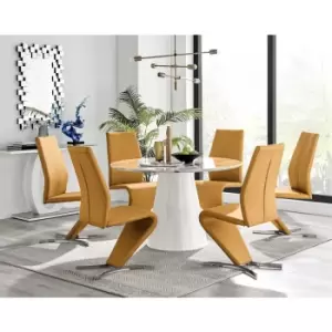 Image of Furniturebox Palma White Marble Effect 120cm Round Minimalist Dining Table & 6 Mustard Willow Silver Feet Faux Leather Chairs