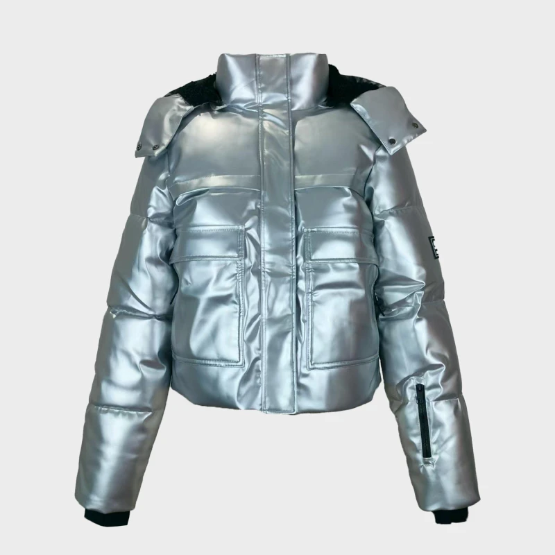 Image of Jack Wills Womens Cropped Puffer Waterproof Windproof Hooded Ski Jacket Silver female 10 (S)