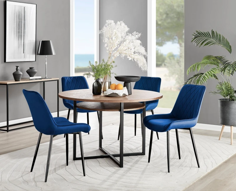 Image of FurnitureboxUK FurnitureboxUK Adley Brown Wood Storage Dining Table & 4 Pesaro Black Leg Chairs in Navy Navy One Size Unisex 5056657127411