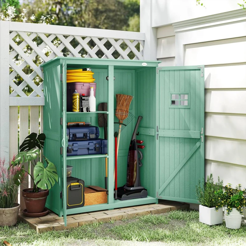 Image of OUTSUNNY Wooden Garden Shed Tool Storage Cabinet Double Door Shelf Green Green Unisex