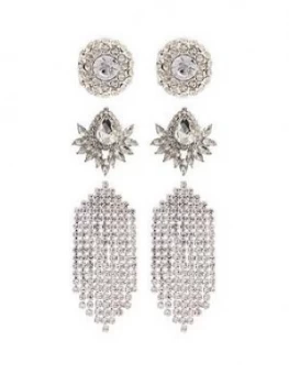 Image of Mood Silver Plated Crystal 3Pk Stud And Diamante Drop Earring Pack