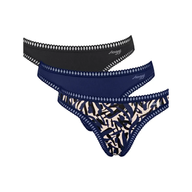 Image of Sloggi Pack of 3 Go Crush Thongs in Cotton Blue navy+black+printed Women XS;S;M;L;XL;XXL
