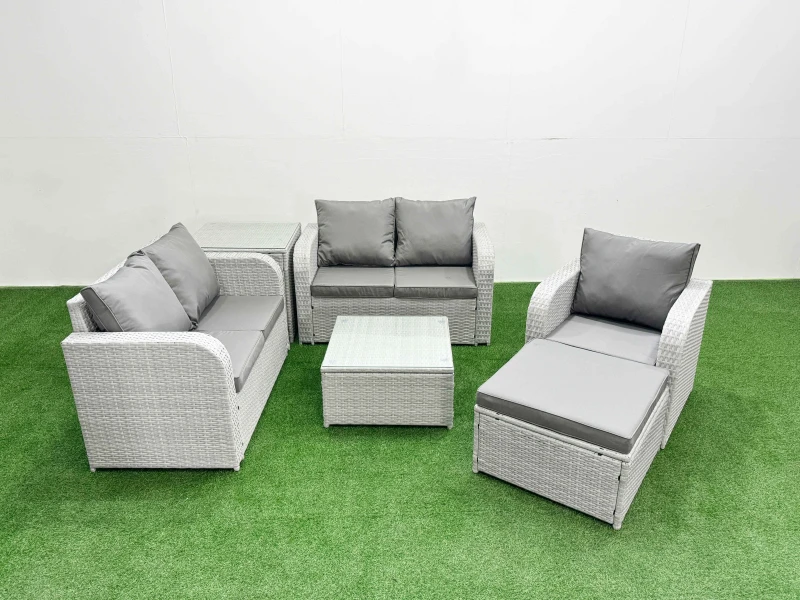 Image of Fimous High Back Poly Rattan Garden Furniture Set with Reclining Chair Loveseat Sofa Square Coffee Table Indoor Outdoor Patio Set Big Stool Side Tabl