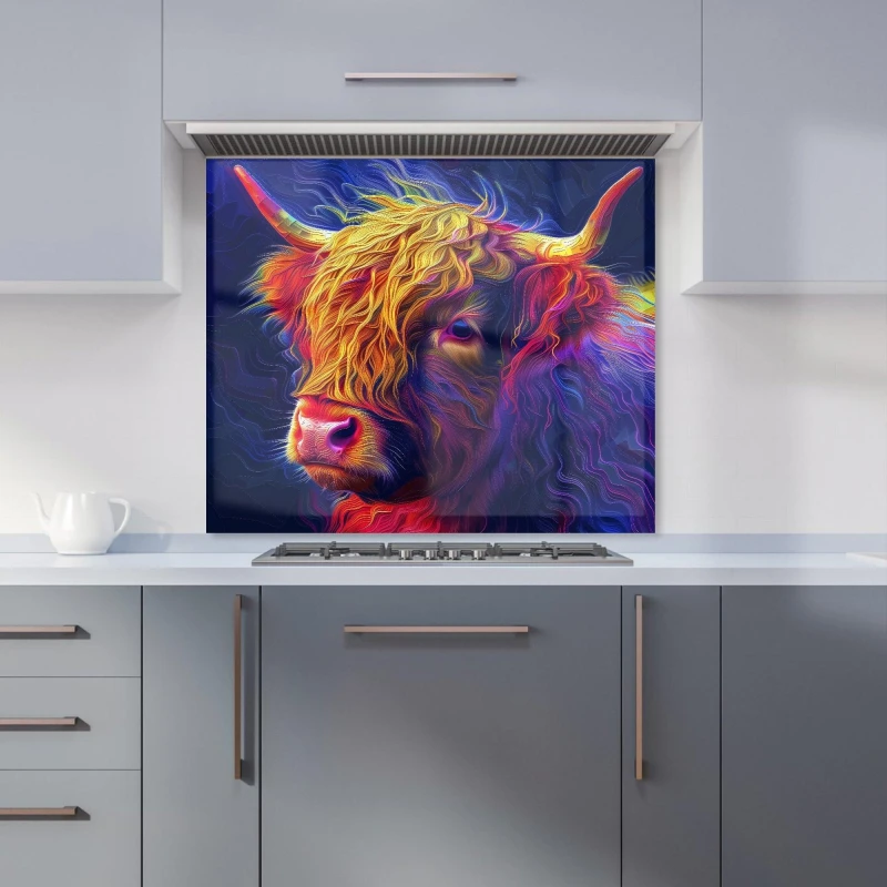 Image of Warren Reed - Designer Vibrant Highland Cow Kitchen Splashback Size: 700mm x 650mm Multicolor Unisex 700mm x 650mm