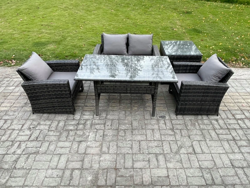Image of Fimous Wicker Outdoor Garden Furniture Set Patio Furniture Rattan Dining Table Lounge Sofa with Side Table in Dark Grey Dark Grey Unisex