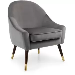 Image of Stalbridge - Arm Chair Grey Velvet Fabric Upholstered Wood Gold Tip Legs