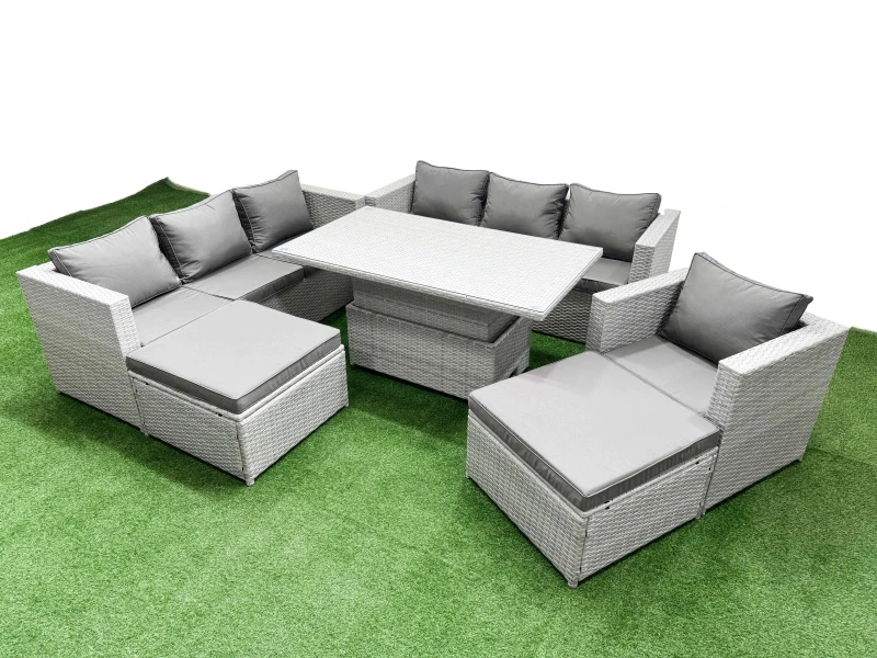 Image of Fimous 6 Pcs Rising Dining Table Set Rattan Furniture Set With 3 Seater Sofa Chair 2 Big Footstool Light Grey