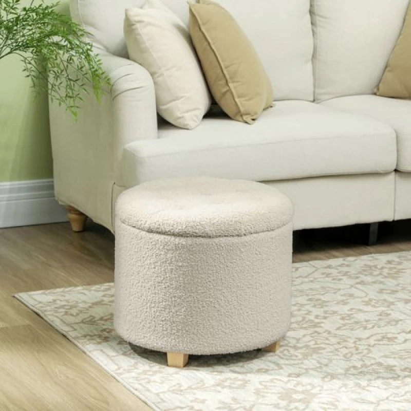 Image of HOMCOM 45cm Round Ottoman with Storage, Lid, Cashmere Footstool, Cream White Cream