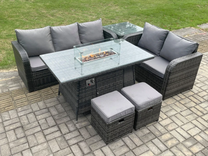 Image of Fimous PE Wicker Outdoor Rattan Garden Furniture Set Propane Gas Fire Pit Table and Sofa set with Side Table 2 Small Footstools Dark Grey