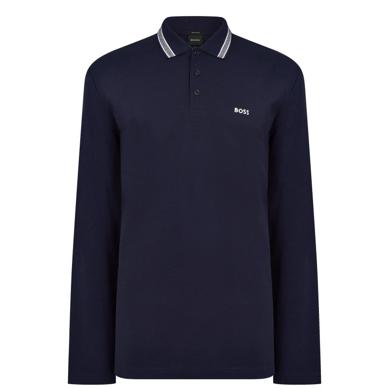 Image of Boss Mens Plisy Tipped Collar Cotton Long Sleeve Polo Shirt Navy 403 male S