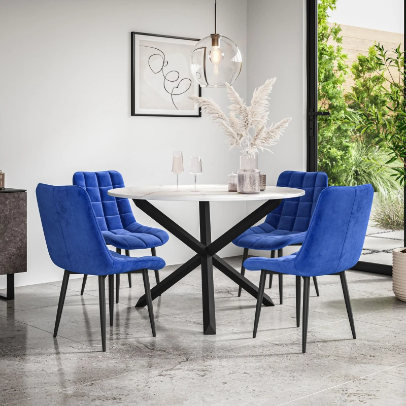 Image of More4Homes Malvern Round Dining Table And Chairs - Marble Table Top W Solid Black Oak Legs + Nova Velvet Dining Chair Set Of 4 (Blue)
