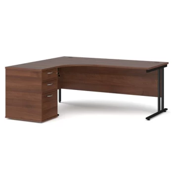 Image of Office Desk Left Hand Corner Desk 1800mm With Pedestal Walnut Top With Black Frame Maestro 25