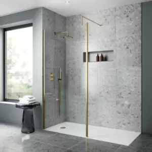 Image of Nuie Outer Framed Wetroom Screen 700mm W x 1850mm H with Support Bar 8mm Glass - Brushed Brass