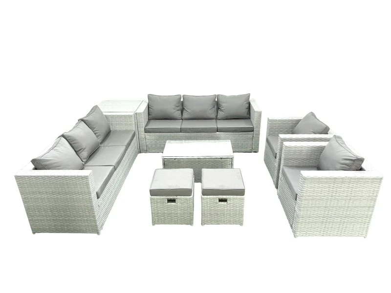 Image of Fimous Outdoor Rattan Sofa Garden Furniture Set with 2 Armchairs Oblong Coffee Table 2 Small Footstools Side Table Light Grey Mixed Light Grey