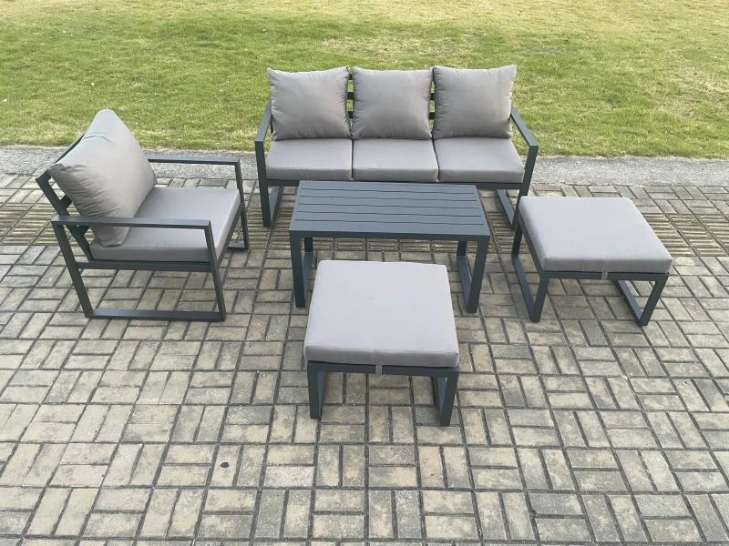 Image of Fimous Aluminium 5 Pieces Garden Furniture Sofa Set with Cushions 6 Seater Outdoor Patio Set with Armchair 2 Big Footstools Dark Grey Dark Grey Unisex