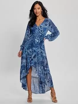 Image of Guess Nuovo Bahia Wrap Long Dress - Nordic Sea Kashmir, Multi, Size S, Women