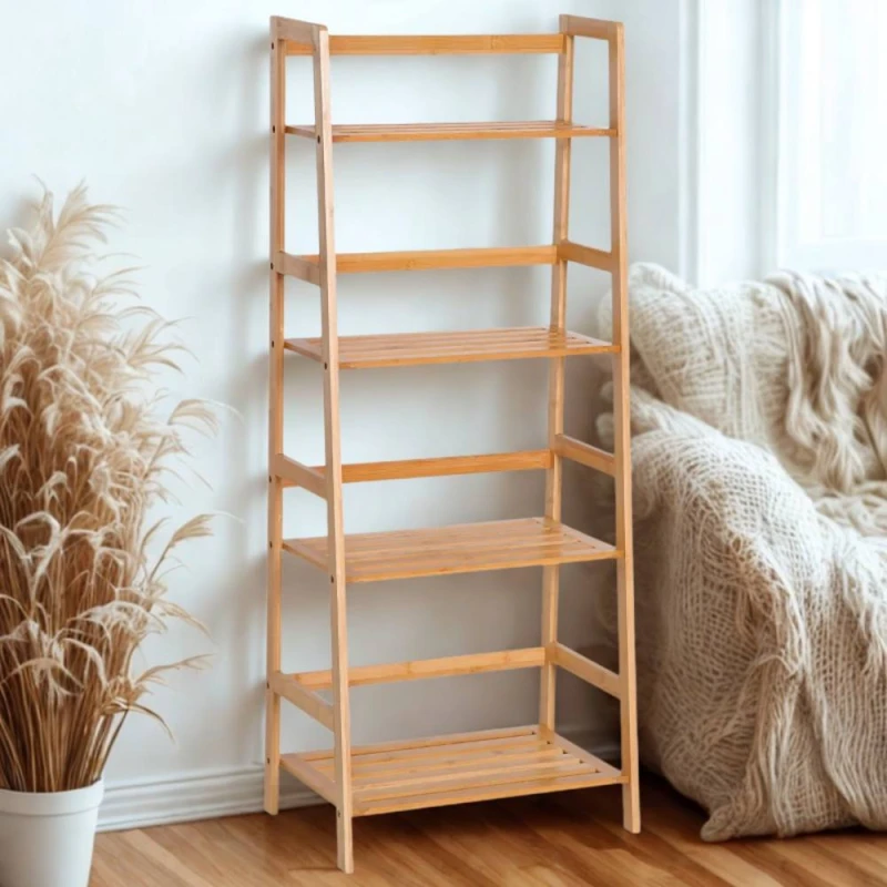 Image of Pirlo Plush 4 Tier Bamboo Freestanding Ladder Bookcase Shelf in Brown Brown Unisex