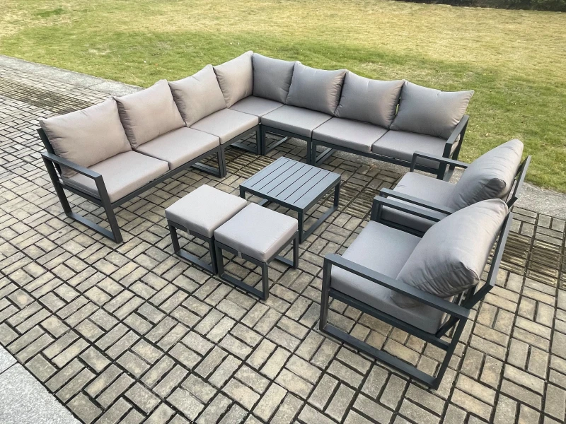 Image of Fimous Aluminium Outdoor Garden Furniture Set Lounge Corner Sofa 2 Pcs Chair Square Coffee Table Sets with 2 Small Footstools Dark Grey Dark Grey Unis