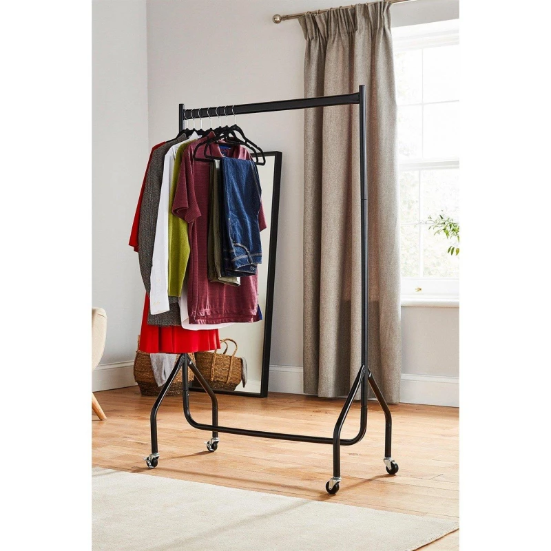 Image of House of Home Clothes Rail Heavy Duty Quality Black Metal Stand Rack With Wheels 3ft Long x5ft Tall Black