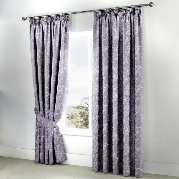 Image of Woven Jasmine Lined Lavender Pencil Pleat Curtains with Tie Backs Lavender
