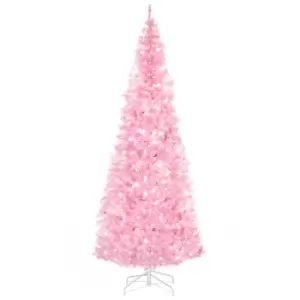 Image of HOMCOM 7' Tall Prelit Pencil Slim Artificial Christmas Tree with Realistic Branches, 350 Warm White LED Lights and 818 Tips, Xmas Decoration, Pink