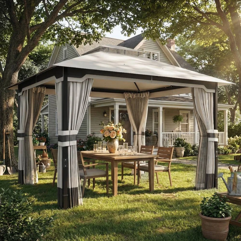 Image of OUTSUNNY 3 x 3.6 m Outdoor Garden Gazebo with Netting, Curtains, Light Grey Size: 3m x 4m Light Grey Unisex 3m x 4m