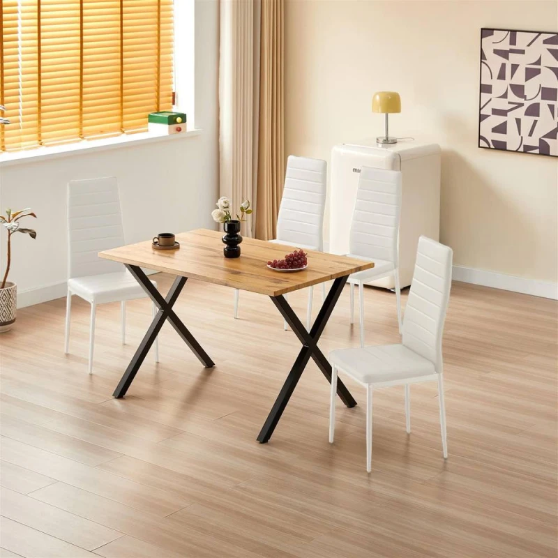 Image of KOSY KOALA Wooden Dining Set with 4 White Padded Leather Chairs in Brown Brown Unisex