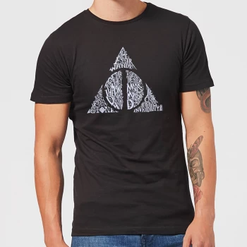 Image of Harry Potter Deathly Hallows Text Mens T-Shirt - Black - 5XL