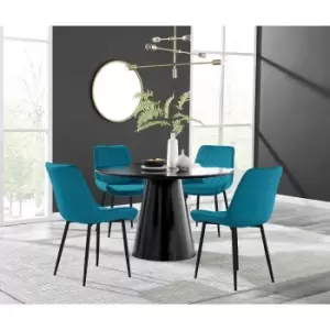 Image of Furniture Box Palma Black Semi Gloss Round Dining Table and 4 Blue Pesaro Black Leg Chairs
