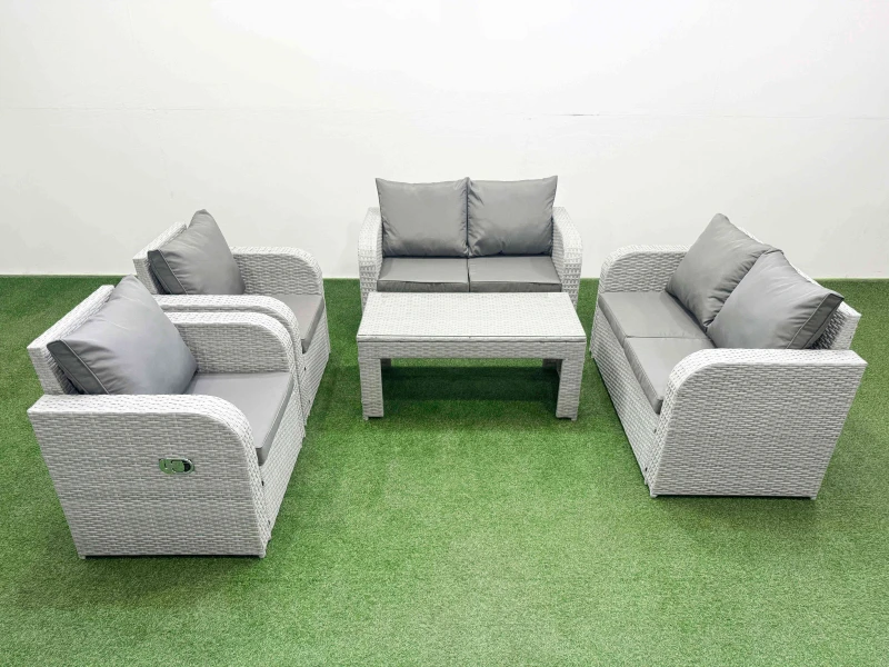 Image of Fimous 6 Seater Outdoor Reclining Chair Love Sofa Set Rattan Garden Furniture Set with Oblong Coffee Table Light Grey Light Grey