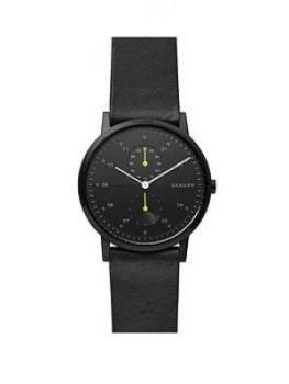 Image of Skagen Black and Yellow Detail Dial Black Leather Strap Mens Watch, One Colour, Men