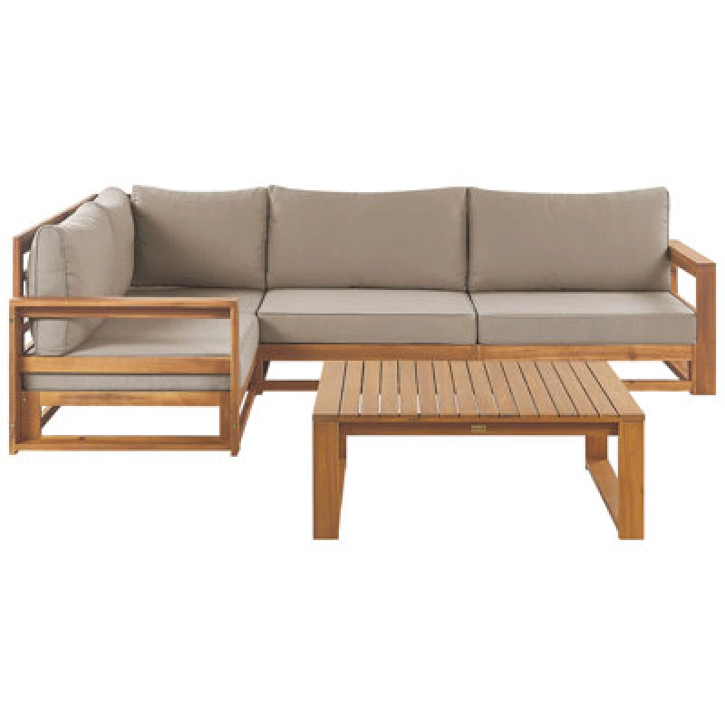 Image of Beliani Garden Corner Sofa With Table 4 Seater Timor Right Hand Modular Certified Acacia Wood Light Brown