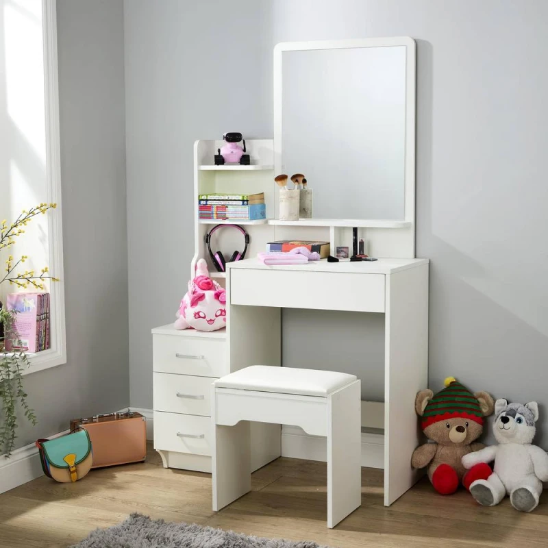 Image of Home Source Arlo 4 Drawer Dressing Table Vanity Desk Mirror & Cushioned Stool in White White Unisex