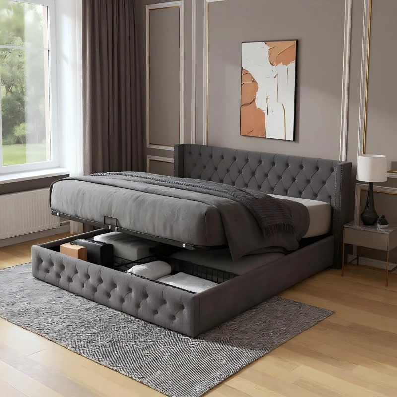 Image of Urban Meuble Upholstered King Bed Frame with Tufted Headboard Grey unisex King size