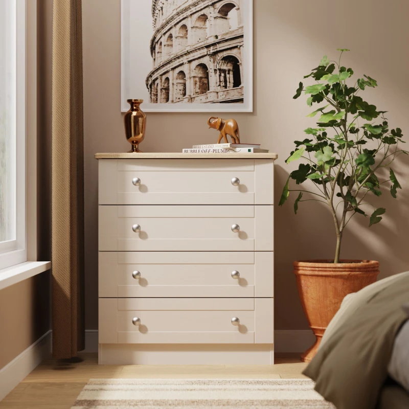 Image of Santander Ready Assembled Matt Beige & Oak 4 Drawer Wide Chest (H)882mm (W)765mm (D)415mm