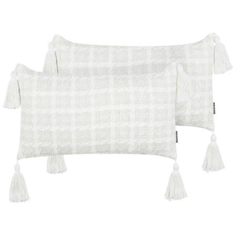 Image of Beliani Set Of 2 Decorative Cushions Douris 30 X 60 Cm Light Beige Checked