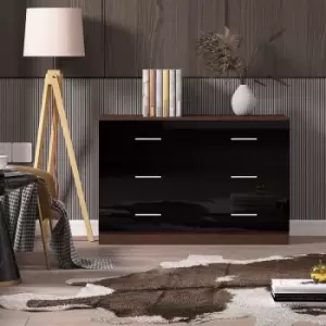 Image of Fwstyle - Black Gloss on Walnut Bedroom Furniture 6 Drawer Chest of Drawers. Metal handles - Black