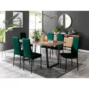 Image of Furniture Box Kylo Brown Wood Effect Dining Table and 6 Green Velvet Milan Black Leg Chairs