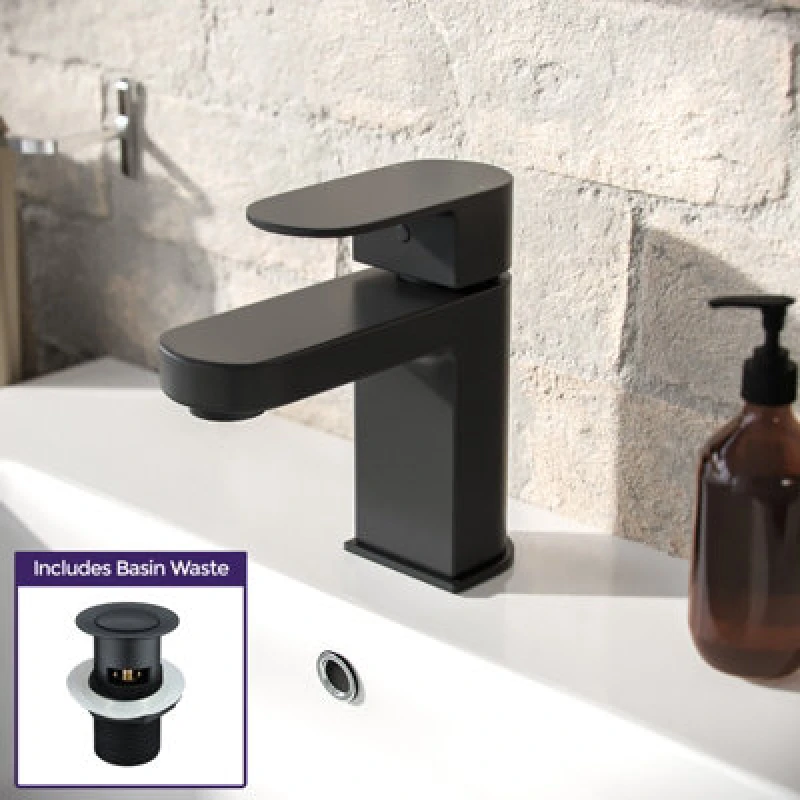 Image of Nes Home Cloakroom Mono Basin Sink Mixer Tap Matte Black Brass Faucet and Waste Black