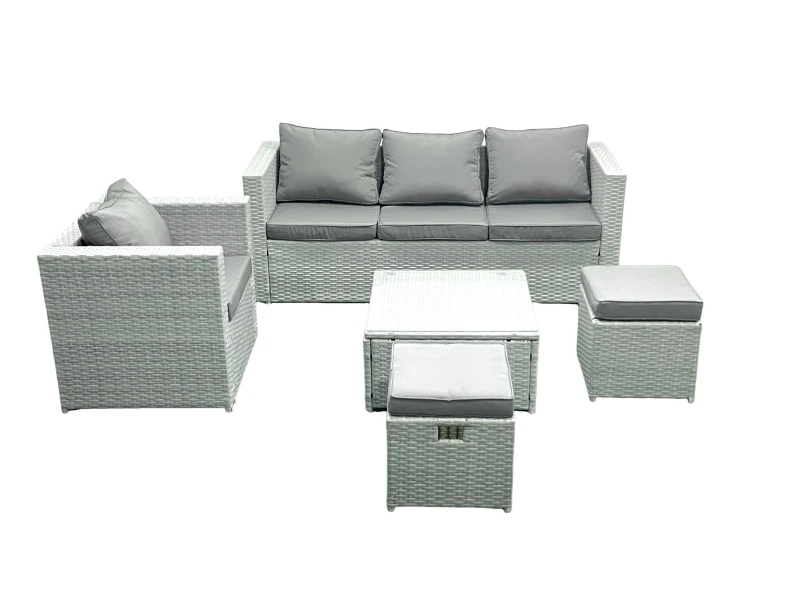 Image of Fimous 6 Seater Rattan Garden Furniture Set with 3 Seater Sofa Chair Square Coffee Table Big Footstool Light Grey Mixed Light Grey