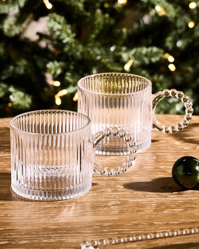 Image of Dibor Set of 2 Bella Perle Ribbed Glass Coffee Mug Clear Tea Cups 420ml Size: 2 Pack Clear Unisex 2 Pack