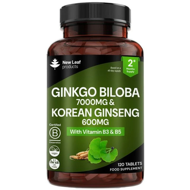 Image of New leaf health Ginkgo Biloba 7000mg & Korean (Panax) Ginseng 600mg Tablets with Vitamin B3 & B5 Green unisex