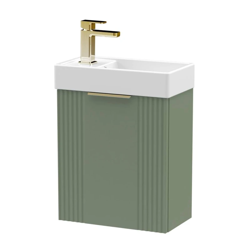 Image of Balterley Green 400mm Wall Hung Vanity Unit with Brushed Brass Handle Green Unisex