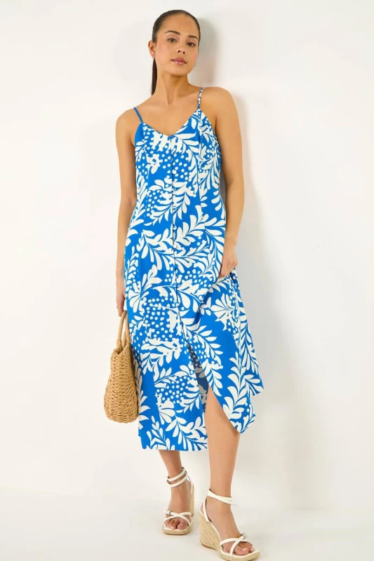 Image of Roman Womens Petite Leaf Print Strappy Midi Dress in Blue Size: 12 Blue Female 12