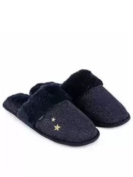 Image of TOTES Sparkle Velour Mule Slippers - Navy, Size 5-6, Women