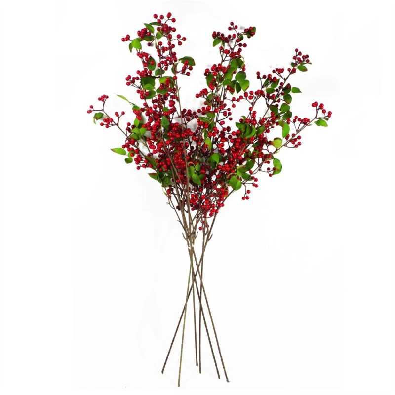 Image of Leaf Artificial Red Christmas Berry Spray Branches 6 x 80cm Botanik Red