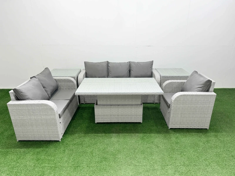 Image of Fimous Patio PE Wicker 6 Seater Outdoor Rattan Furniture Sofa Sets with Adjustable Lifting Dining or Coffee Table2 Side Table Light Grey